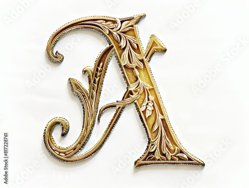 A, old English lettering in gold fine relief on white background