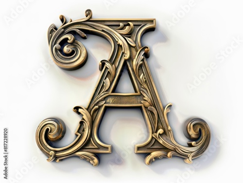 A, old english lettering in gold fine relief on white background