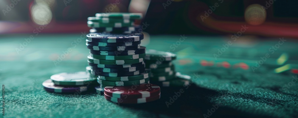 Stack of poker chips on green gaming table. Casino concept for risk or good luck Stack of poker chips on green gaming table. Casino concept for risk or good luck