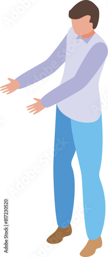 Isometric businessman gesturing with open arms in a welcoming pose, representing professional business presentation and corporate engagement