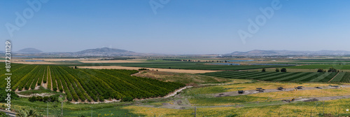 The panoramic view from Tel Megiddo Nation Park of the Jezreel Valley in northern Israel.
