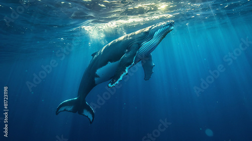  whale swimming underwater. The majestic creature glides through the deep blue sea  illuminated by sunlight streaming from above..