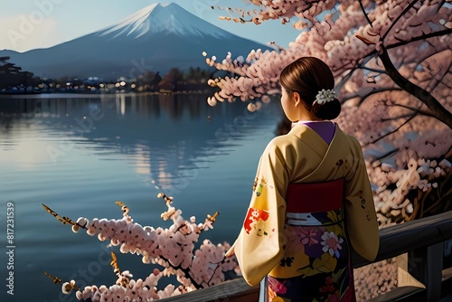 Asian woman wearing japanese traditional kimono at Fuji mountain and cherry blossom, Kawaguchiko lake in Japan. 