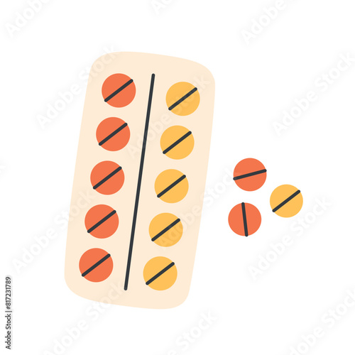 Pack of pills. Pharmaceutical and drugs, antibiotics, painkillers, women contraceptive pills. Vector illustration in flat style
