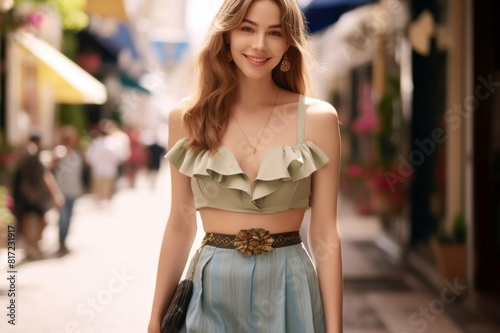Smiling, well-groomed young fashionable woman in a beautifully decorated shopping street