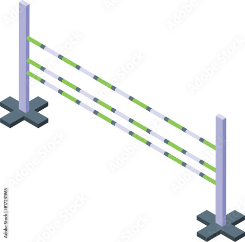 Isometric illustration of metal stanchions with green striped tape for crowd control