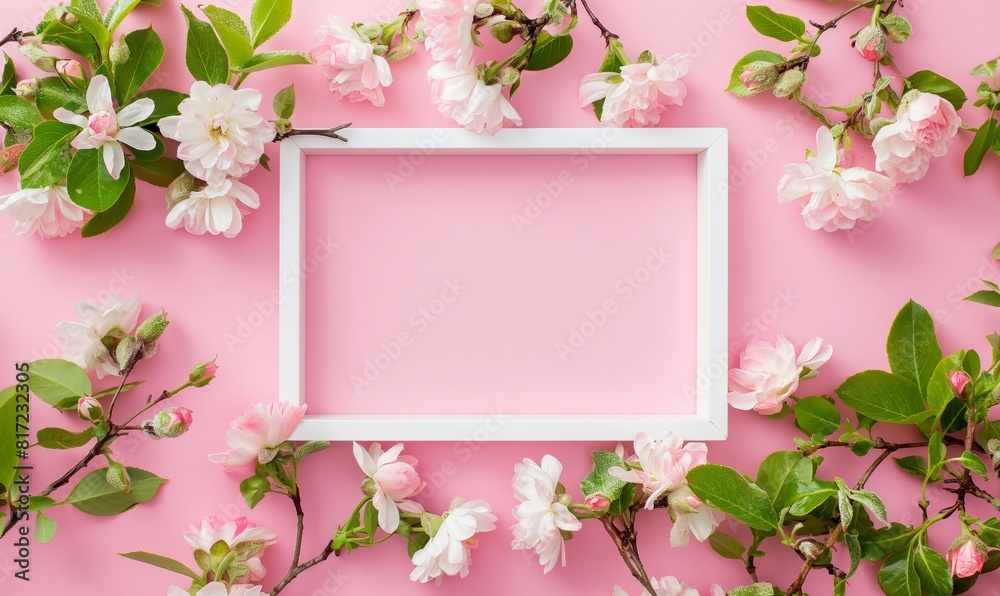 a pink background with white frame on it, top view, flat lay, copy space, spring, spring flowers a pink background with white frame on it, top view, flat lay, copy space, spring, spring flowers