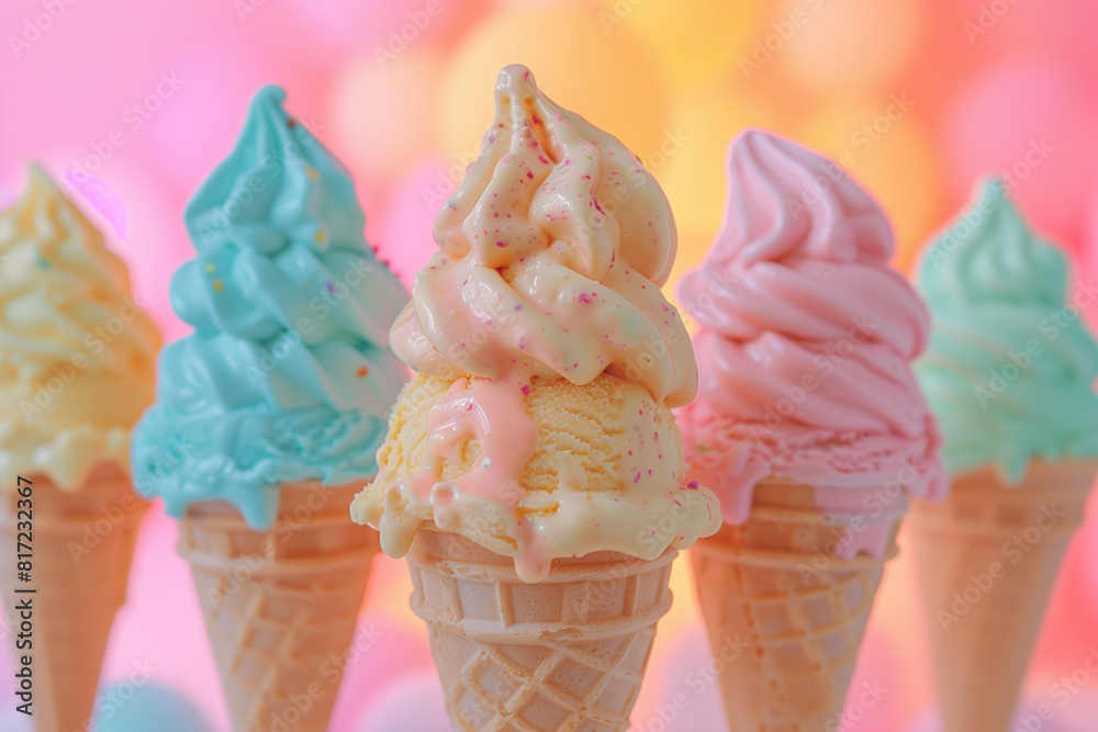 A row of ice cream cones with different flavors and toppings A row of ice cream cones with different flavors and toppings