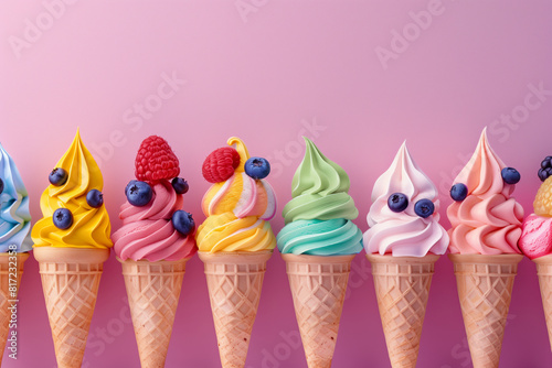 A row of ice cream cones with different flavors and toppings © Visual Craft