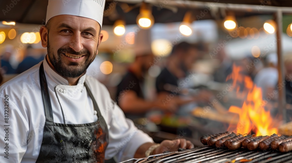 man frying meat on barbecue grill outdoors man frying meat on barbecue grill outdoors