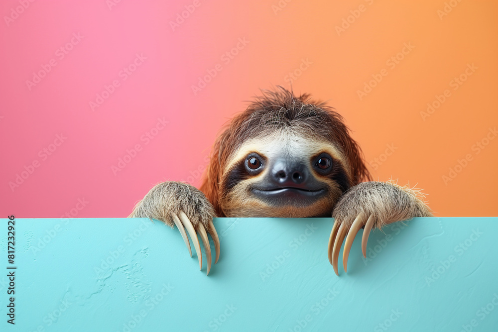 Obraz premium A cute brown and gray sloth peeking from behind of a colorful wall