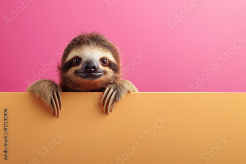 A cute brown and gray sloth peeking from behind of a colorful wall