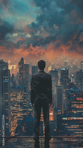 A man in a suit stands on a rooftop overlooking a city