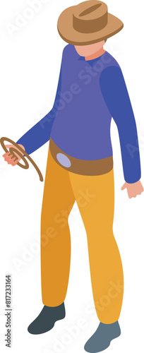 Vector illustration of an isometric farmer in a hat holding a rake, depicted in bright, colorful attire