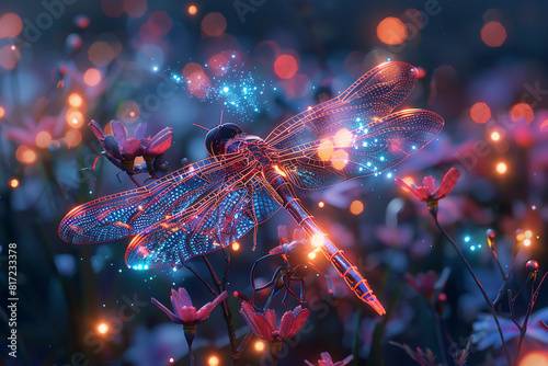 Render a metallic dragonfly perched on a wireframe tree branch in a holographic meadow, with a robotic frog leaping towards a hologram pond reflecting neon stars