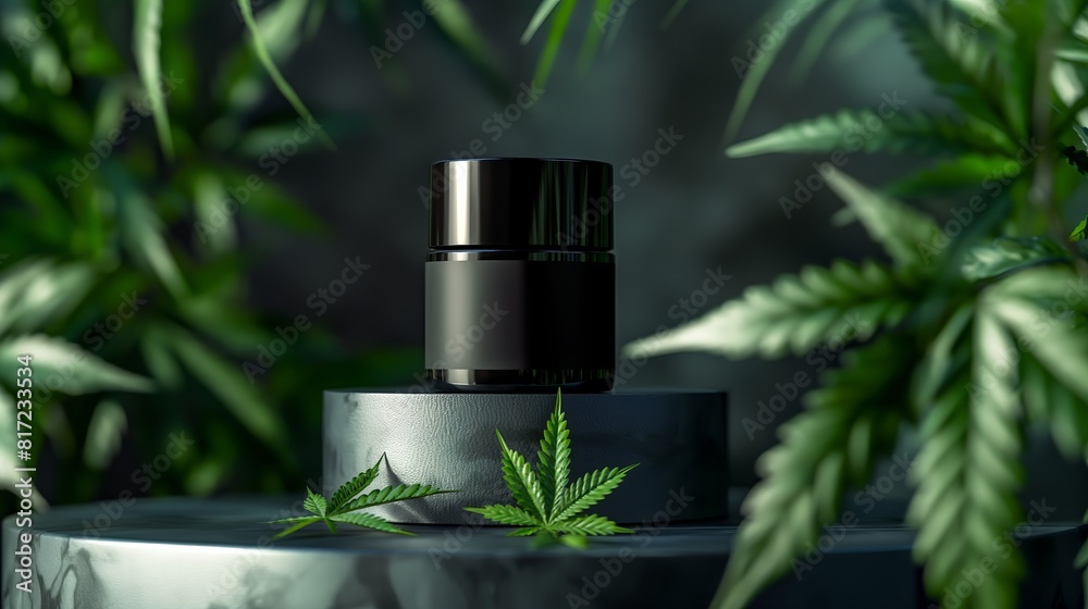 Cannabis face cream jar on marble table close up Cannabis face cream jar on marble table close up