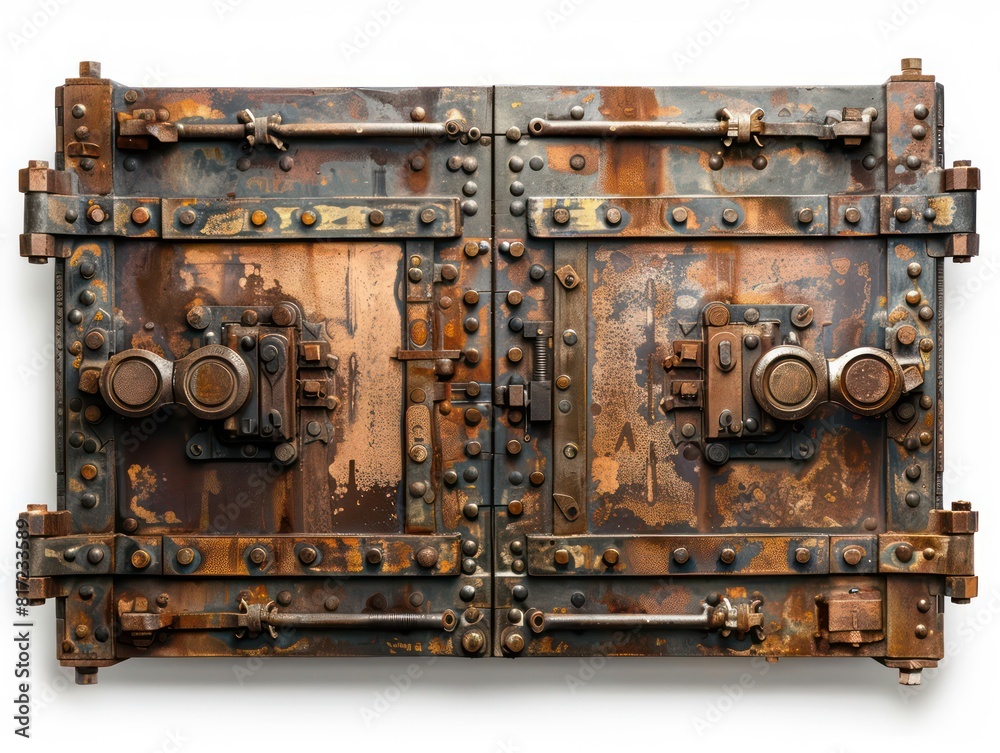 mechanical bank vault, old rusty, white background