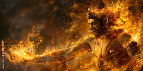 Hanuman sets fire to Lanka in Ramayana scene during Dussehra and Diwali. Concept Historical Events, Mythological Stories, Religious Celebrations, Festive Traditions photo