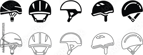 Motorcycle helmet vector icon set. Racing team helmet, Construction helmet, motorcycle helmet, hard hat black line and flat collection for web design isolated on transparent background.