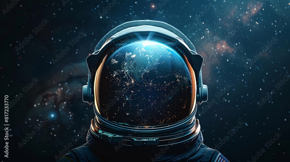 An astronaut's helmet with a detailed globe visible inside An astronaut's helmet with a detailed globe visible inside