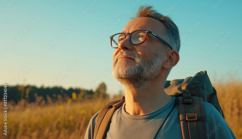 a happy man with glasses and backpack in the countryside a happy man with glasses and backpack in the countryside