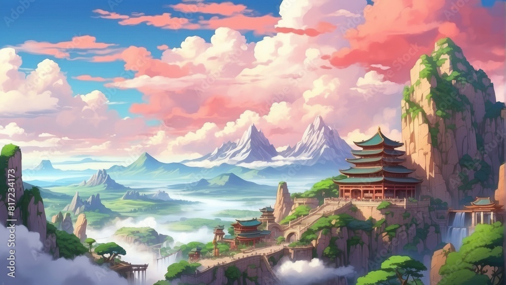 Illustration of game art, ancient city in the mountains