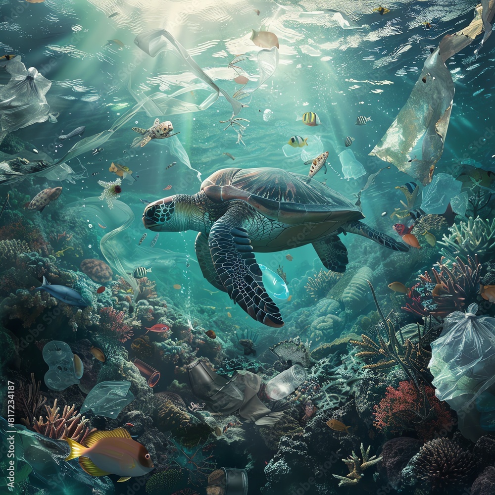 A beautiful and haunting image of a sea turtle swimming through a sea of plastic pollution A beautiful and haunting image of a sea turtle swimming through a sea of plastic pollution