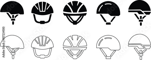 Motorcycle helmet vector icon set. Racing team helmet, Construction helmet, motorcycle helmet, hard hat black line and flat collection for web design isolated on transparent background.