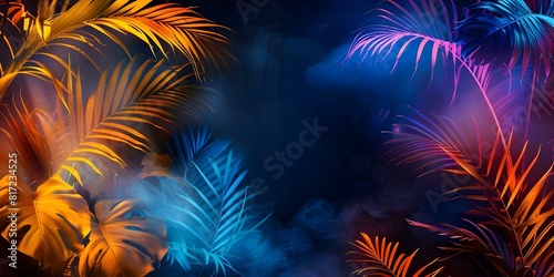Tropical party scene with neon palm leaves in a dark jungle. Concept Neon Jungle Party  Tropical Vibe  Theming with Palm Leaves  Fun Photo Scenes  Vibrant Neon Decor