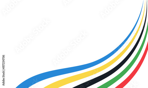 Wallpaper with abstract curved lines in blue, yellow, black, green and red  isolated on a white background. Banner or backdrop with colorful stripes symbol and copy space for text. Olympic Sports