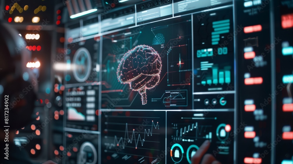 AI Interface: Digital display with AI, dynamic graphs, and data tools for analysis. AI Interface: Digital display with AI, dynamic graphs, and data tools for analysis.