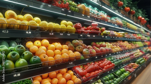 Produce aisle of a grocery store. depth of field. Generative AI.