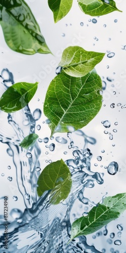 water and leaves on a white background