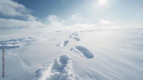 Footprints in the snow leading towards a distant horizon, captured against a backdrop of untouched white snow. © baloch