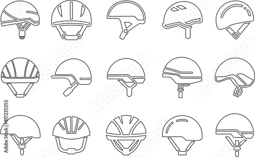 Motorcycle helmet vector icon set. Racing team helmet, Construction helmet, motorcycle helmet, hard hat black line collection for web design isolated on transparent background.