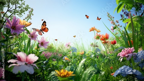 A tranquil garden scene, with blooming flowers of various colors and shapes, surrounded by lush green foliage and delicate butterflies flitting about, against a backdrop of clear blue sky.  photo