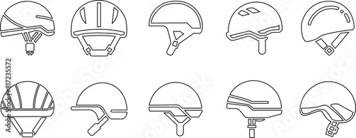 Motorcycle helmet vector icon set. Racing team helmet, Construction helmet, motorcycle helmet, hard hat black line collection for web design isolated on transparent background.