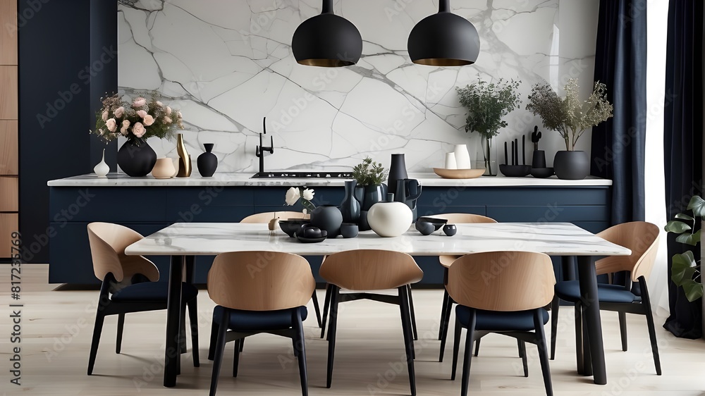 Clean, sleek marble dining table in a kitchen designed in the Nordic style. Modern black and ...