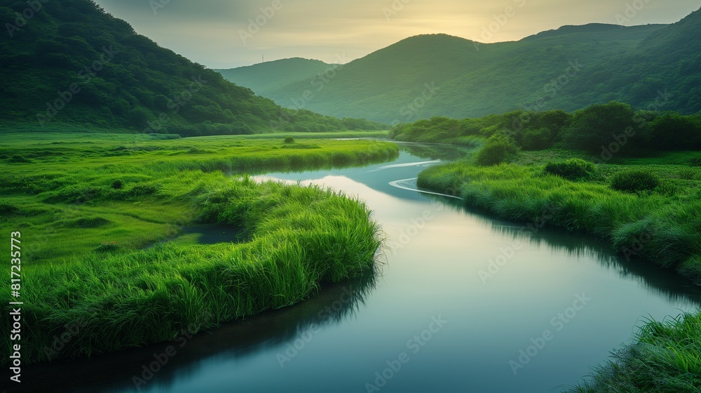 A tranquil river winding through a lush valley, its mirrored surface reflecting the verdant landscape and the soft glow of the setting sun. 32k, full ultra HD, high resolution