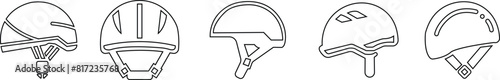 Motorcycle helmet vector icon set. Racing team helmet, Construction helmet, motorcycle helmet, hard hat black line collection for web design isolated on transparent background.