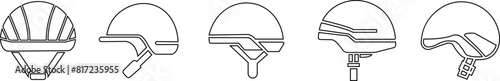 Motorcycle helmet vector icon set. Racing team helmet, Construction helmet, motorcycle helmet, hard hat black line collection for web design isolated on transparent background.