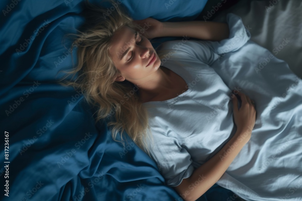 sound asleep: overhead waist up shot of a pretty blonde woman in blue pyjamas sleeping on a king size bed sound asleep: overhead waist up shot of a pretty blonde woman in blue pyjamas sleeping on a king size bed