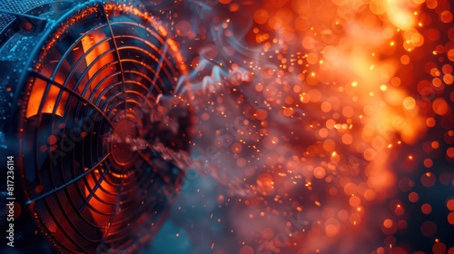 Hot summer air, fan and smoke, red hot particles. Generative AI