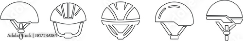 Motorcycle helmet vector icon set. Racing team helmet, Construction helmet, motorcycle helmet, hard hat black line collection for web design isolated on transparent background.