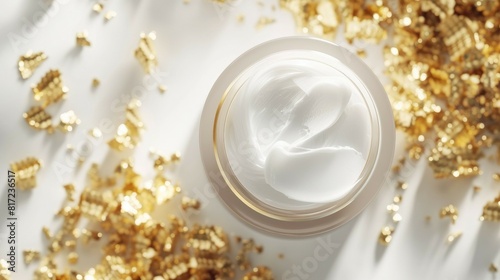 Luxurious Golden Skincare Cream with Shimmering Gold Flakes. Top view of a jar filled with luxurious golden skincare cream, adorned with shimmering gold flakes