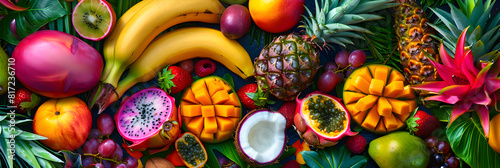 A Colorful Array of Tropical Fruits Set in a Beautiful Jungle Background: Perfect Display of Nature's Bounty