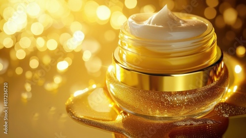 Luxurious Gold Skincare Gel in Elegant Container. Premium golden skincare in a container, showcasing its shimmering and luxurious texture