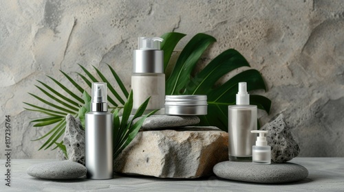 Elegant Skincare Containers on Stone Display with Green Leaves. Assorted silver skincare containers displayed on stones with green leaves, emphasizing elegance and simplicity in a natural setting photo