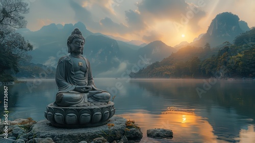 statue of budda in the river, mystery, beautiful moon