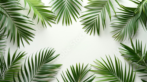 Sure, here is a description for an image combining the keywords you provided: Tropical green palm leaves form a festive frame, isolated on white background